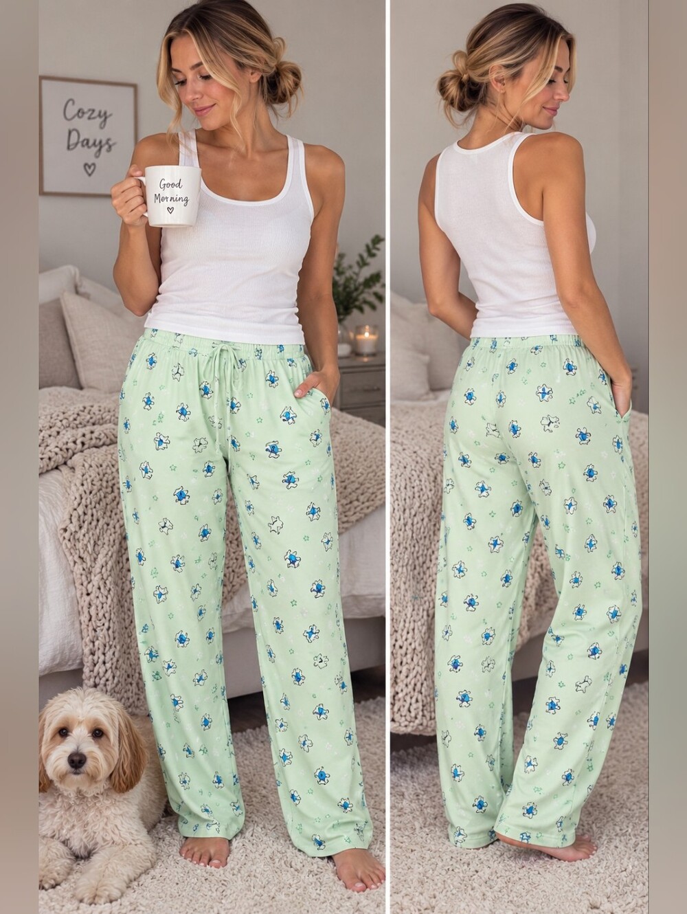 Croft & Barrow Women's Medium Dog Print Pajama Pants Mint Green